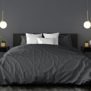 Organic bamboo duvet cover set in charcoal grey on a modern bedroom setup.