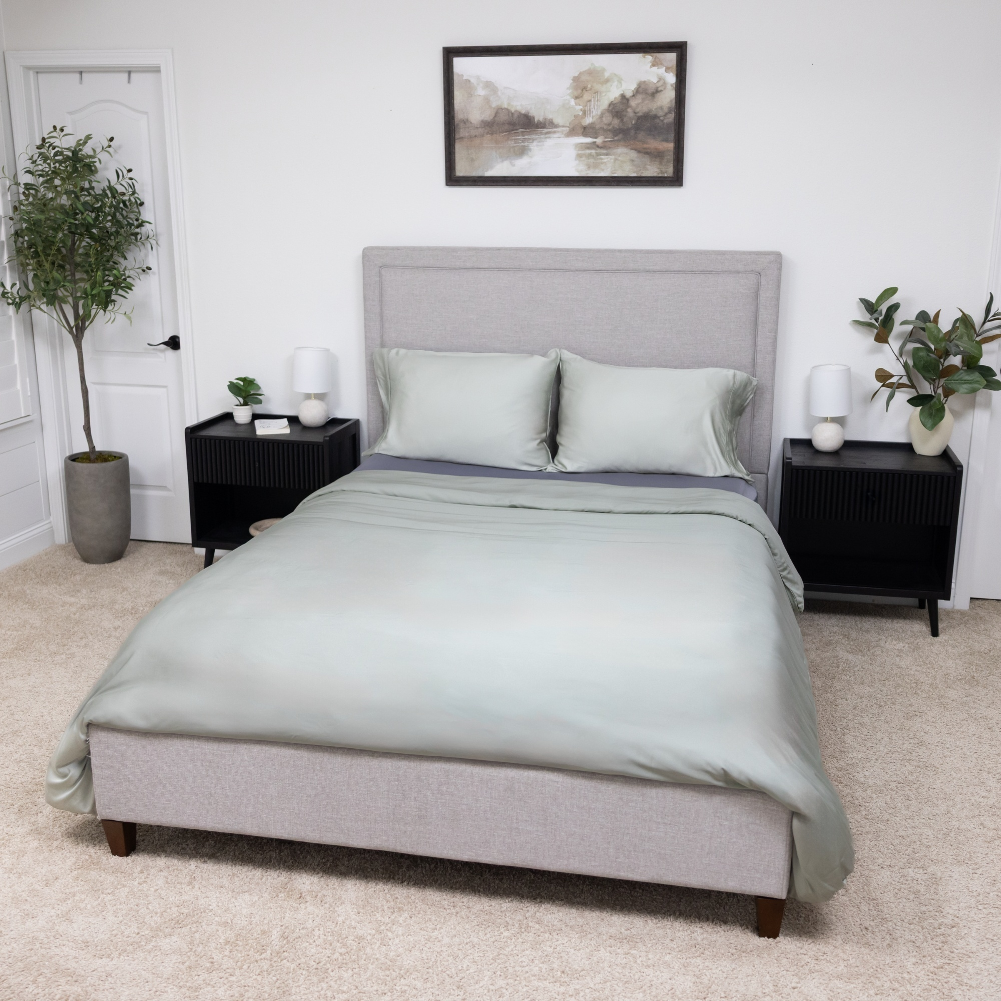 Organic Bamboo Duvet Cover Set in Seaglass on modern bedroom bed.