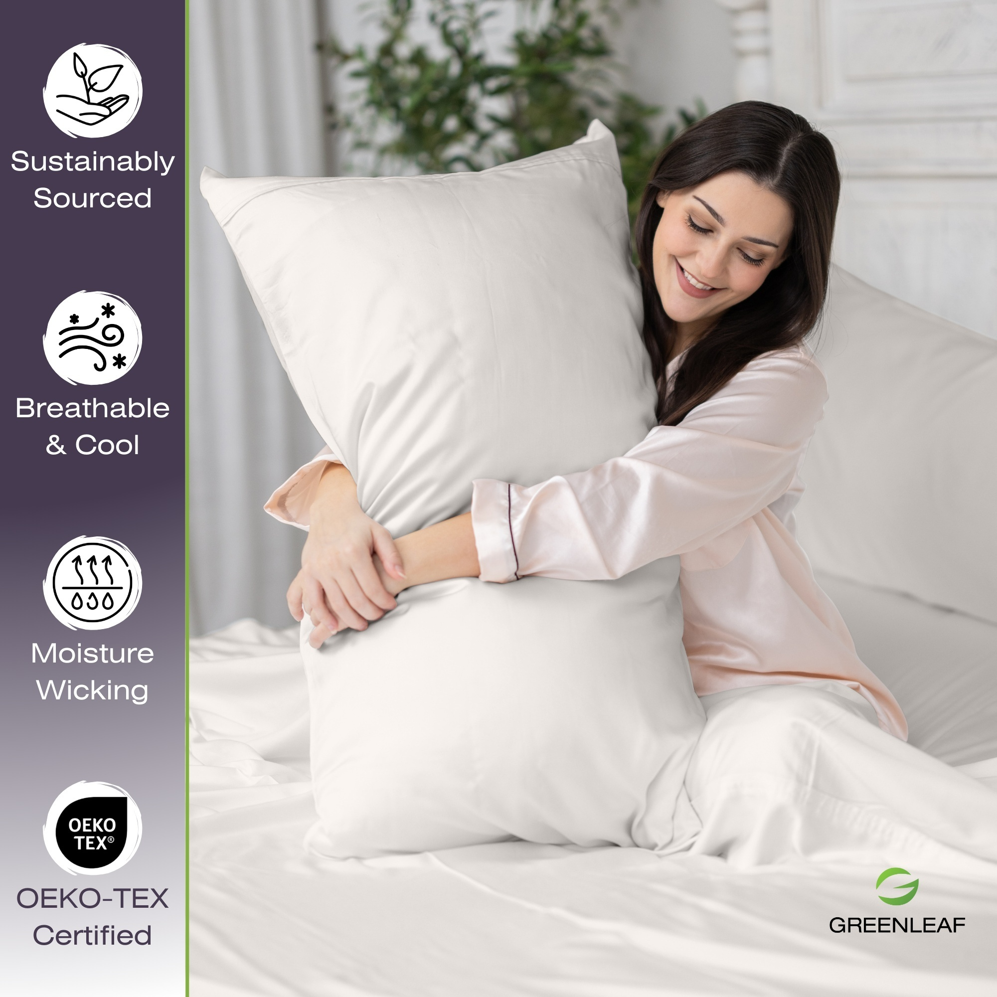 Young woman in bamboo bedding set in Ivory