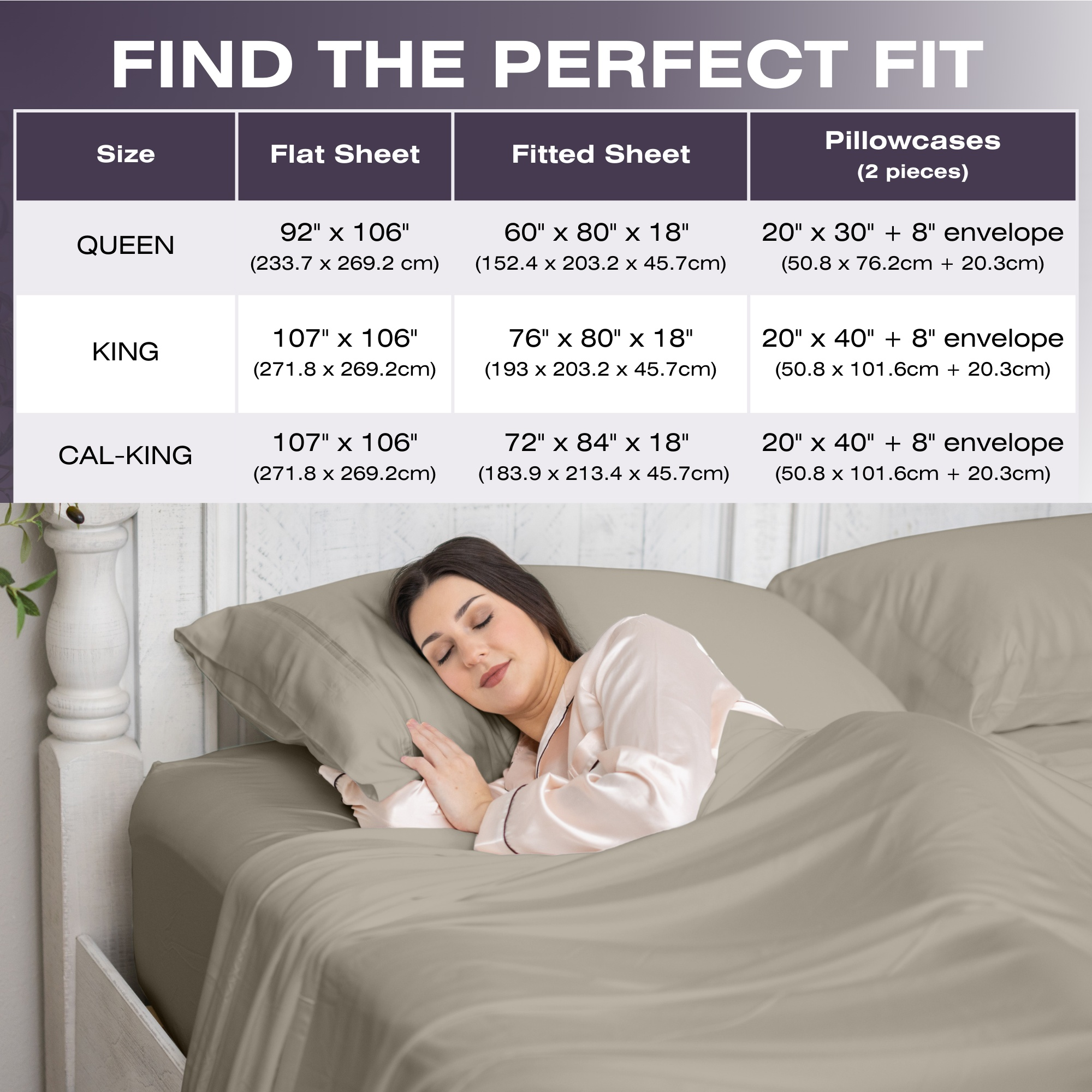 Sizing chart for Bamboo Linens Set | Dune | Size Chart 