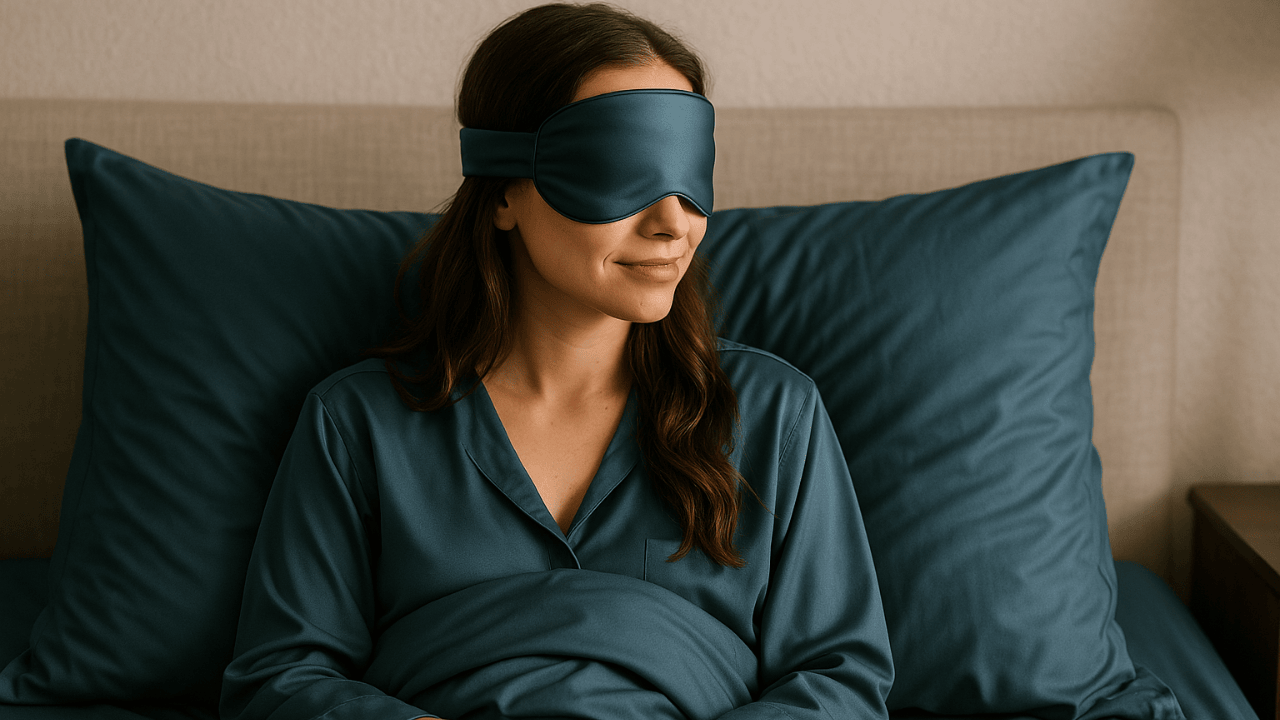 woman sitting up in bed wearing an eye mask